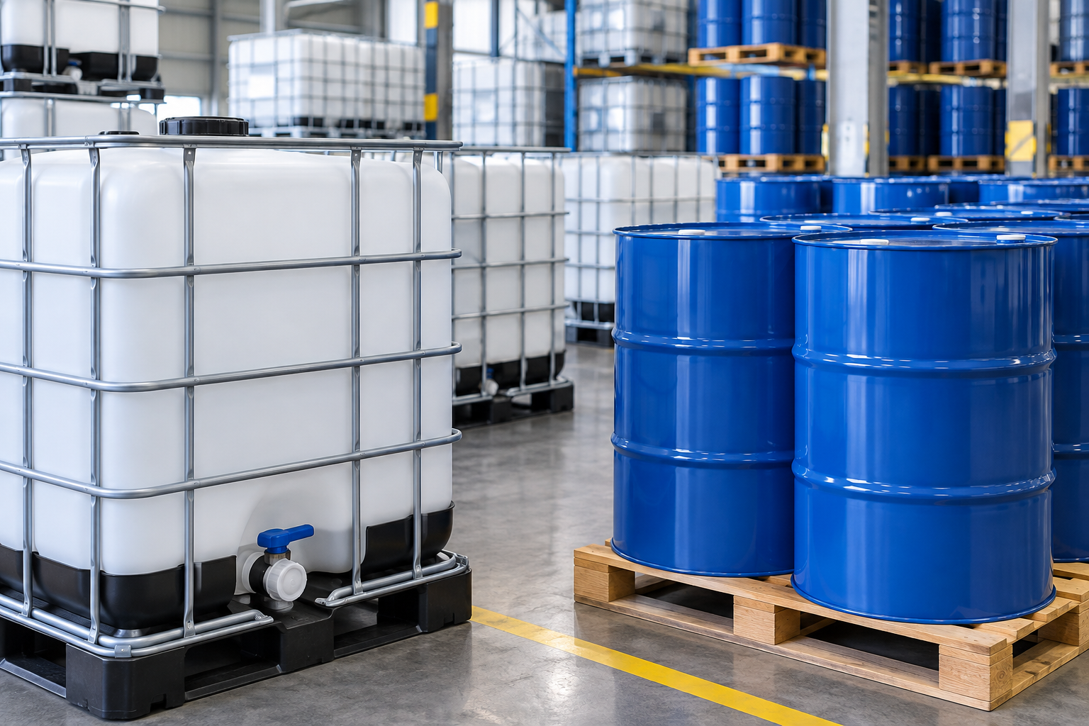 Sealed IBC totes and chemical drums in a distribution warehouse