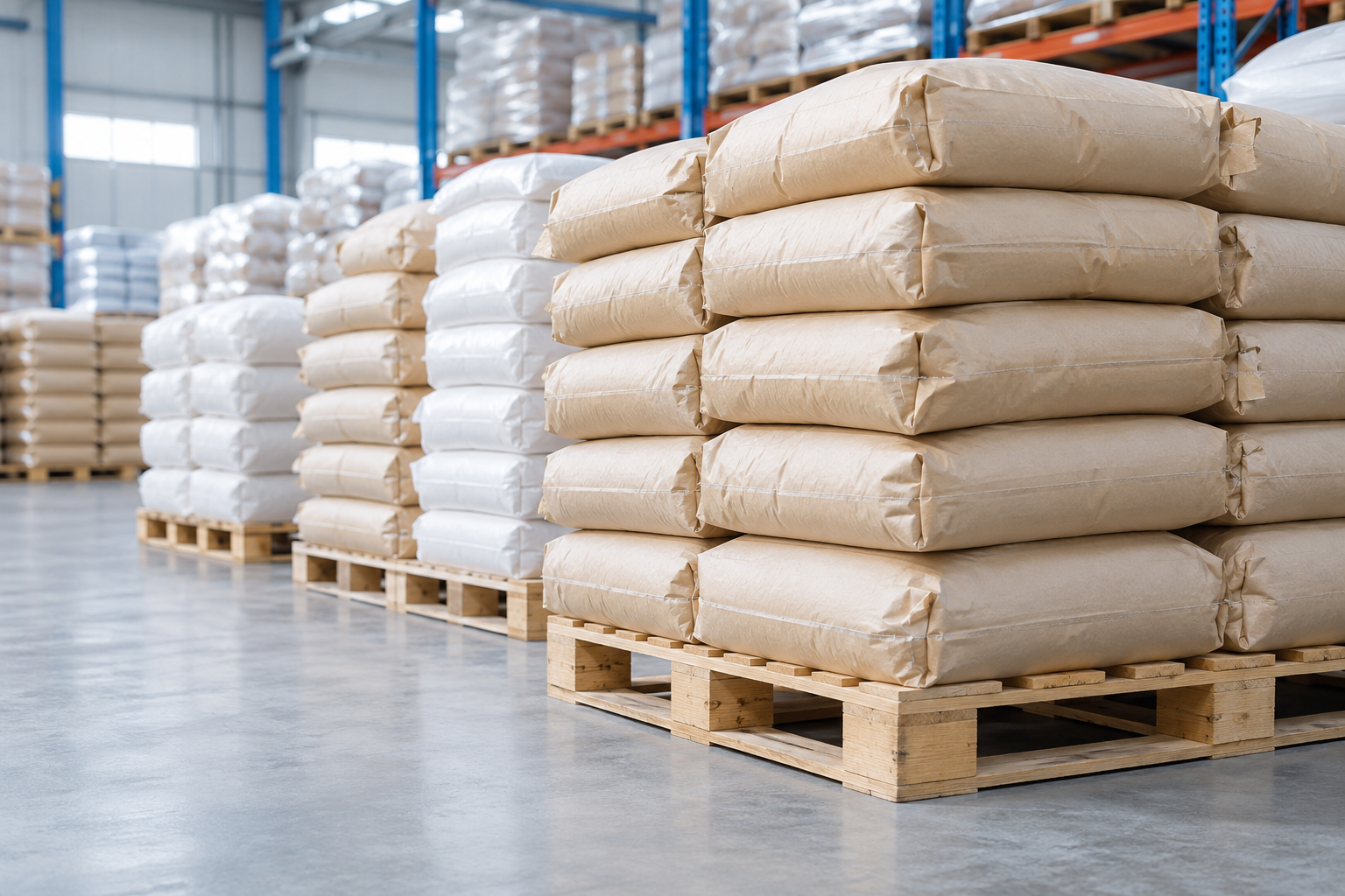 Sealed chemical raw material sacks arranged on warehouse pallets