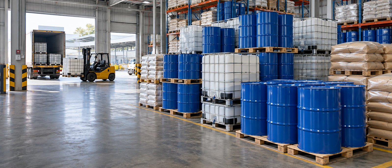 Chemical raw materials in drums, IBC totes, and sacks arranged in an industrial warehouse